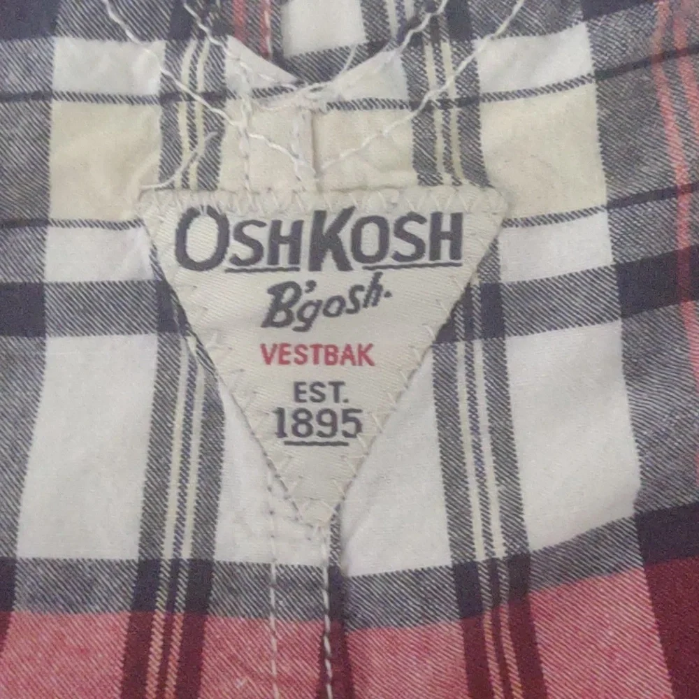 OshKosh B'gosh overalls short Baby 6 mo red/black plaid yellow‎ stripe pockets